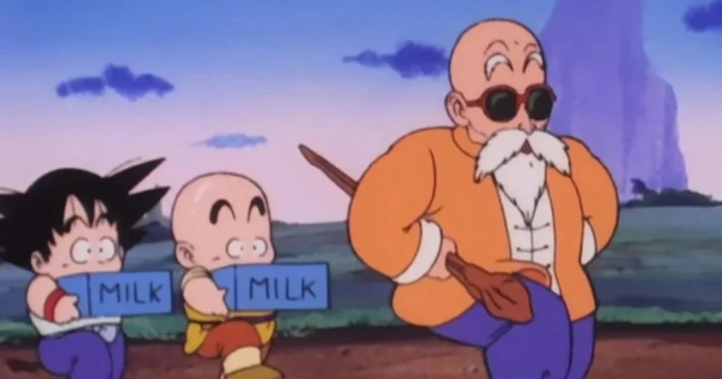 Goku and Krillin carrying milk crates